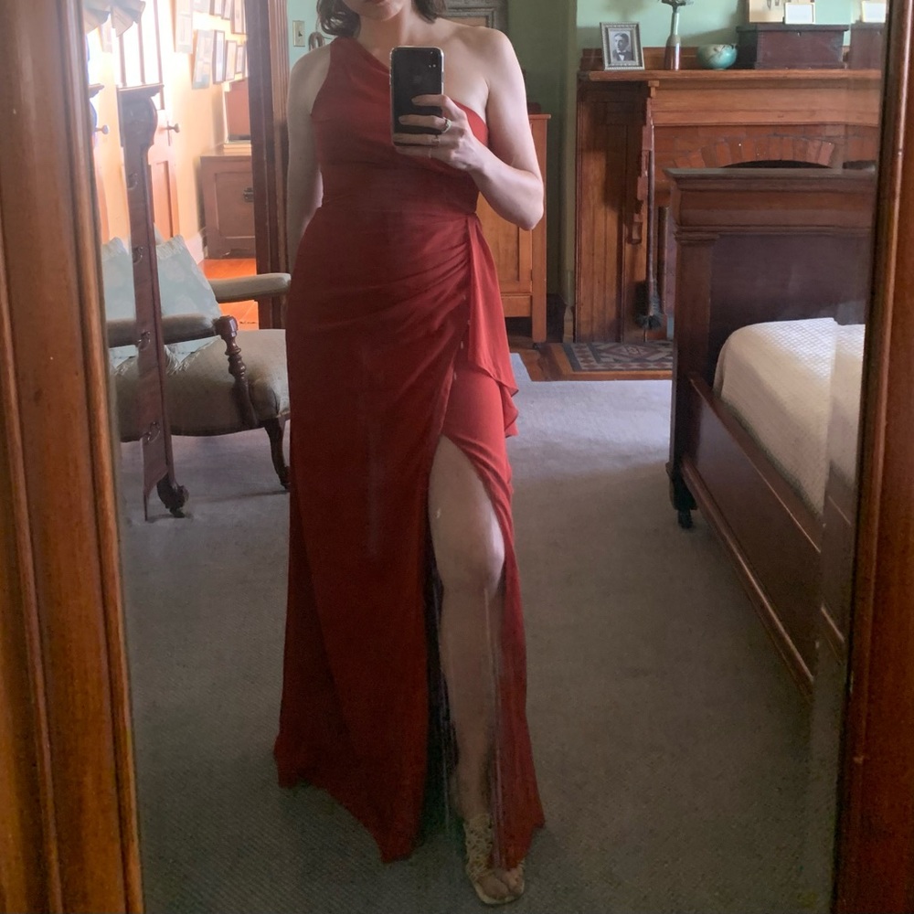 Azazie Maive one shoulder dress in Rust
